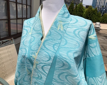 90s Japanese Contemporary Easy Day Jacket Blouse Top Wrap Skirt Kimono Robe Set Dragonfly Wave Print S M Japan 1990s Vintage Aqua Teal Blue