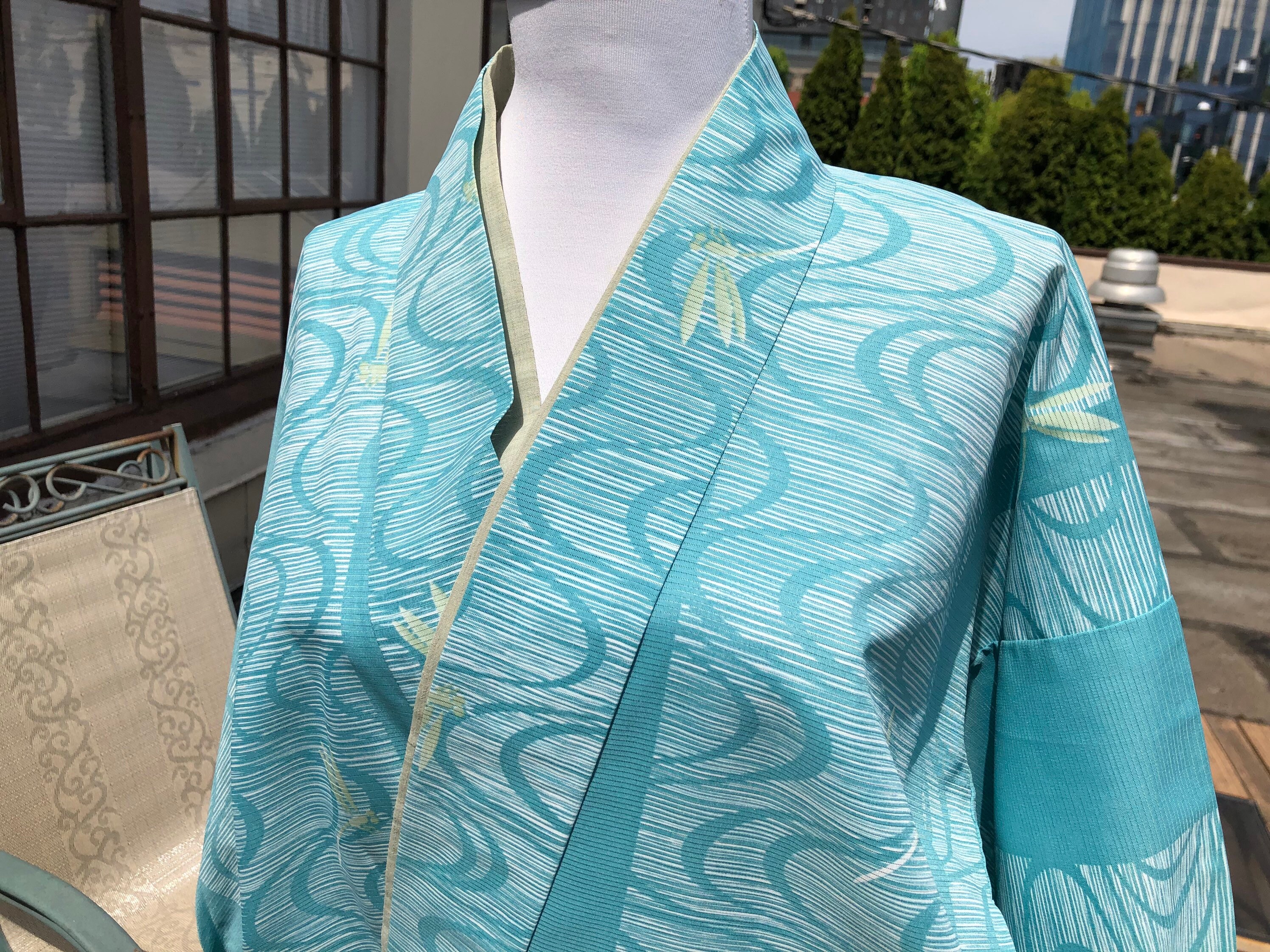90s Japanese Contemporary Easy Day Jacket Blouse Top Wrap Skirt Kimono Robe  Set Dragonfly Wave Print S M Japan 1990s Vintage Aqua Teal Blue