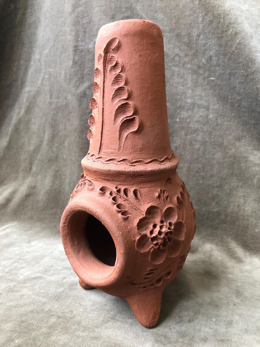 Folk Art Floral Terracotta Clay Rustic Small Mini Chiminea Tea Candle Folk Art Floral Terracotta Clay Rustic Small Mini Chiminea Tea Candle