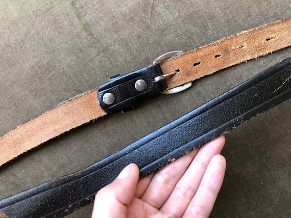 50s 60s Skinny Retro Black Leather Belt Steel Sil… - image 8
