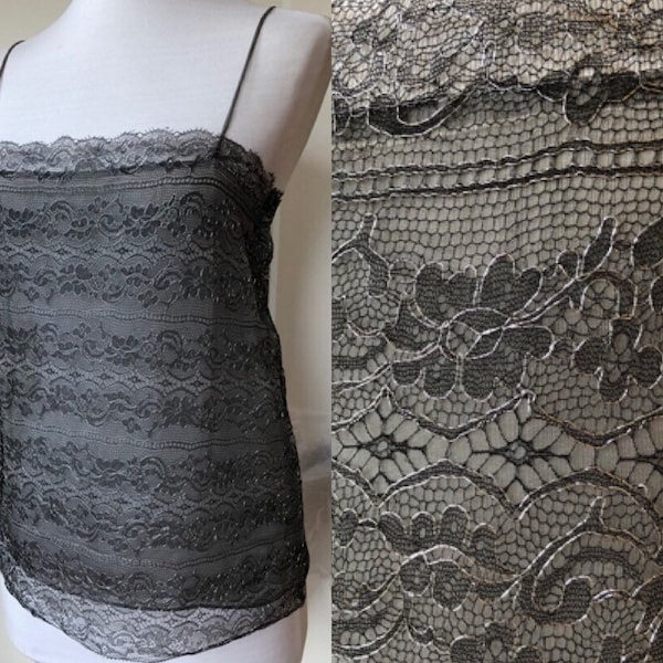 Sheer Delicate Silk Chiffon Chantilly Floral Lace Black Silver Metallic Sleeveless Tank Camisole Cami Top XS Slip Blouse Tube Top Strappy