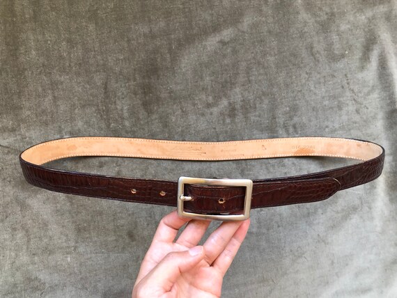 Skinny Dark Brown Croc Embossed Leather Belt 1990… - image 6