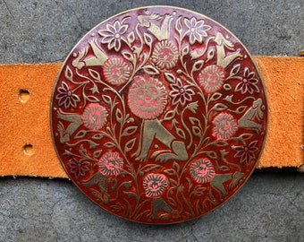 Vintage 60s 70s Leo Lion Floral Zodiac Large Brass Enamel Medallion Buckle Belt 1960s 1970s S M L Lee Bernay Boho Hippy Orange Pink Red Rare