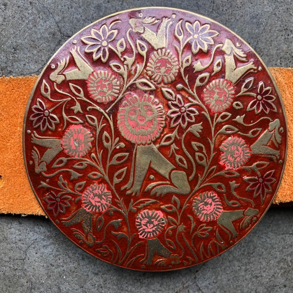 Vintage 60s 70s Leo Lion Floral Zodiac Large Brass Enamel Medallion Buckle Belt 1960s 1970s S M L Lee Bernay Boho Hippy Orange Pink Red Rare