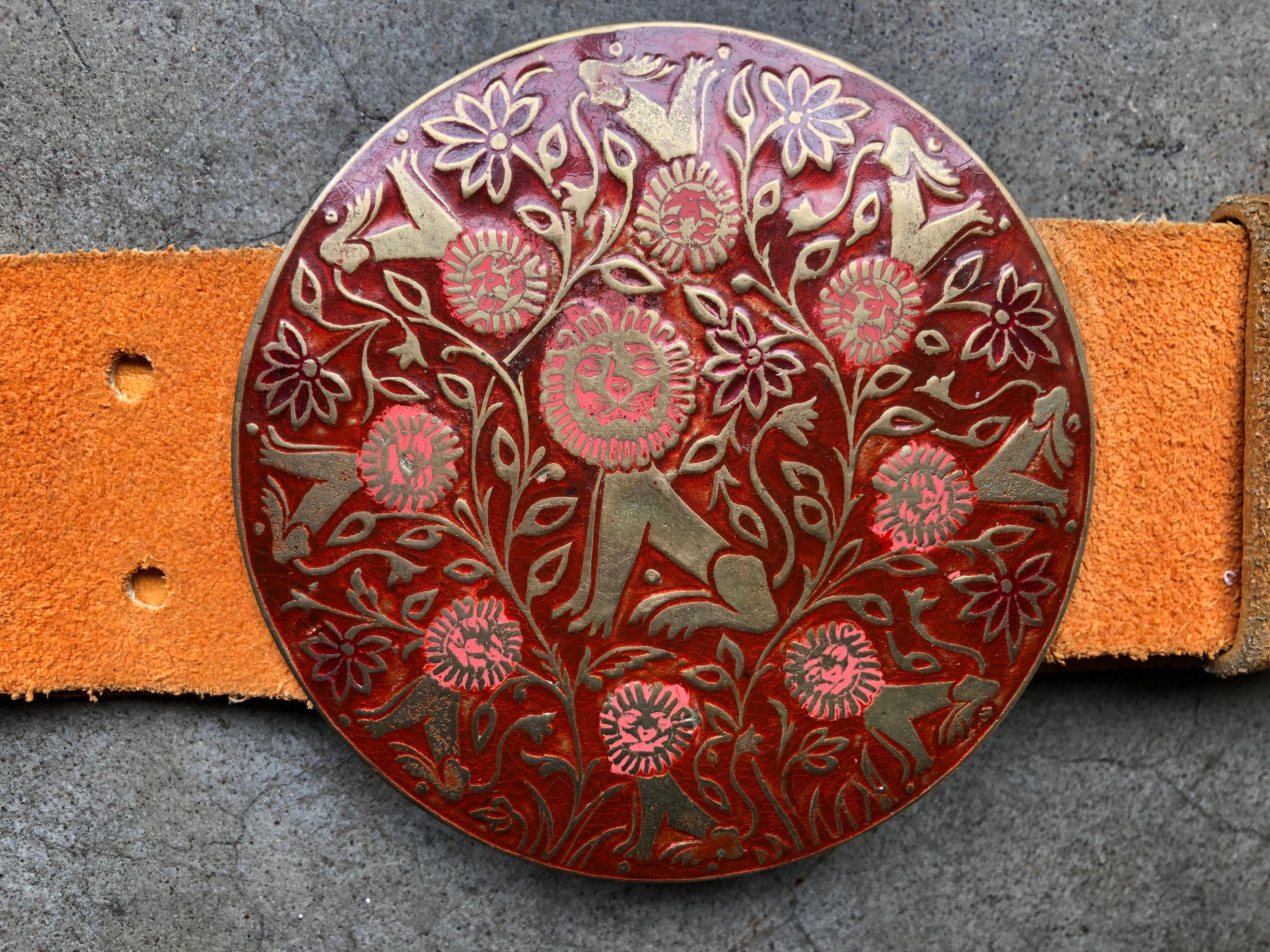 Vintage 60s 70s Leo Lion Floral Zodiac Large Brass Enamel 