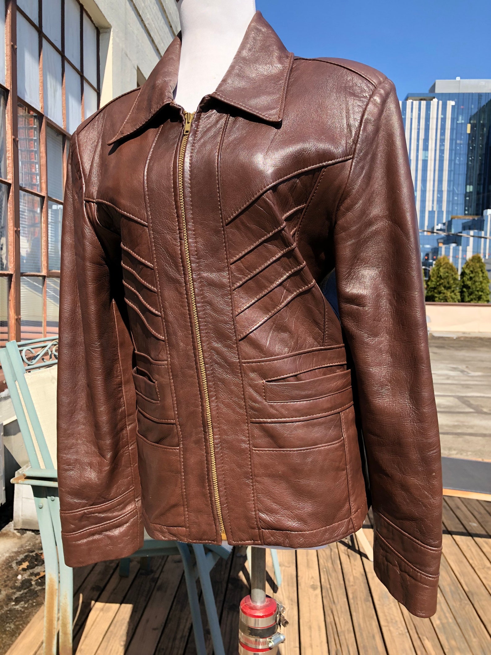 VTG 90s DOES 70s 'PLEASE' BROWN TAN ZIP-UP QUILT LINED MOD LEATHER JACKET S 10