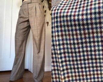 Auth HERMÈS Paris France Womens Full Wide Straight Leg Mens Style Trouser Pants Slacks Virgin Wool Plaid Woven Tweed Sz 38 US 6 8 M Vintage