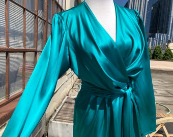 Vintage 80s Silk Satin Charmeuse Aqua Teal Green Long Sleeve Puffed Belted Robe Dress Cocktail Gown Size XS S 1980s Gathered Ruched Retro