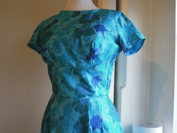 Vintage 50s 60s Silk turquoise vivid blue floral … - image 7