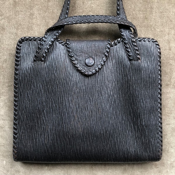 Antike 1930er Jahre Schwarz Strukturierte Epi Leder Tasche Whipstitch Woven Schnürung Snap Beutel Micro Mini Quadrat Handtasche Vintage RAR 1920er 20er 30er Jahre