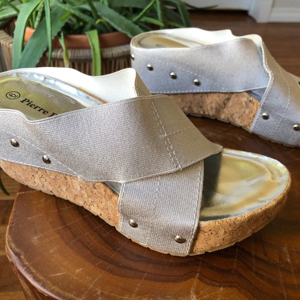 90s Y2K Silver Metallic Stretch Slip On Criss Cross Platform Cork Wedge Sandals Pumps Size 6 36 6.5 Tan Natural Beige Vintage 1990s Studded