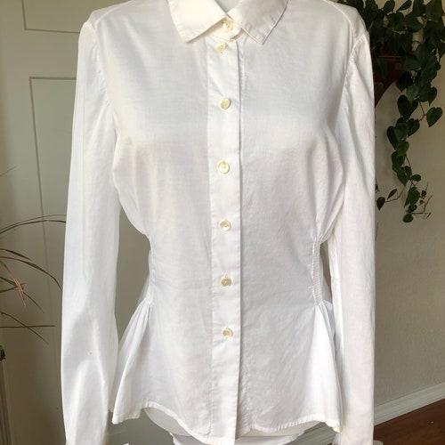 Nigel Preston & Knight White Cotton Equestrian Blouse Fitted Top Back shops Peplum Gathered Flared Long Sleeve sz S M 1990s 90s Western Victorian