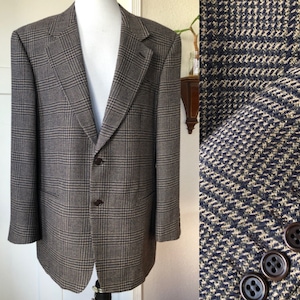 Vintage Mens Valentino Uomo Wool Glen Urkquhart Plaid Tweed Woven Blazer Jacket Navy Blue Beige 41 R Saks Fifth Ave Sport Coat Suit 1990s
