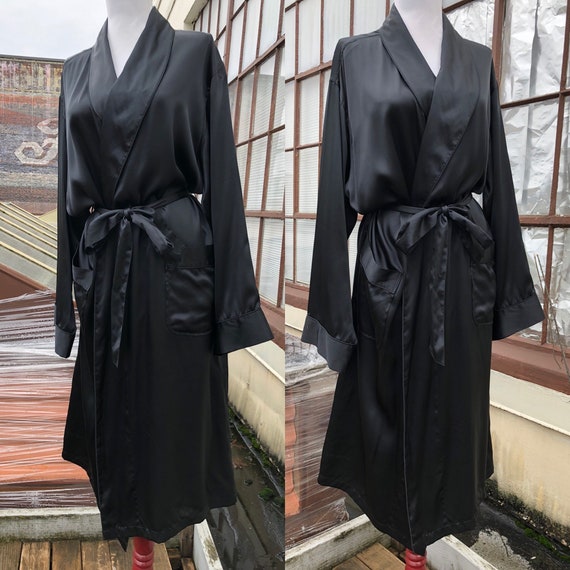 Men’s Silk Satin Solid Black Long Robe Belted Jac… - image 2