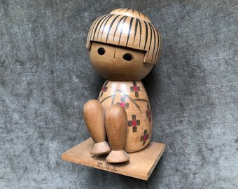 1950s Vintage Kawaii Japanese Wood Kokeshi Doll  Handmade Wooden Girl Antique Made in Japan Carving Turned Painted Sitting Kimono 50s Retro