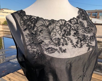 Silk Sheer Black Organza Simple Fitted Sleeveless Tank Dress Shift Wiggle Cocktail 1990s Vintage Small 4 Floral Print Beaded Embroidered 90s