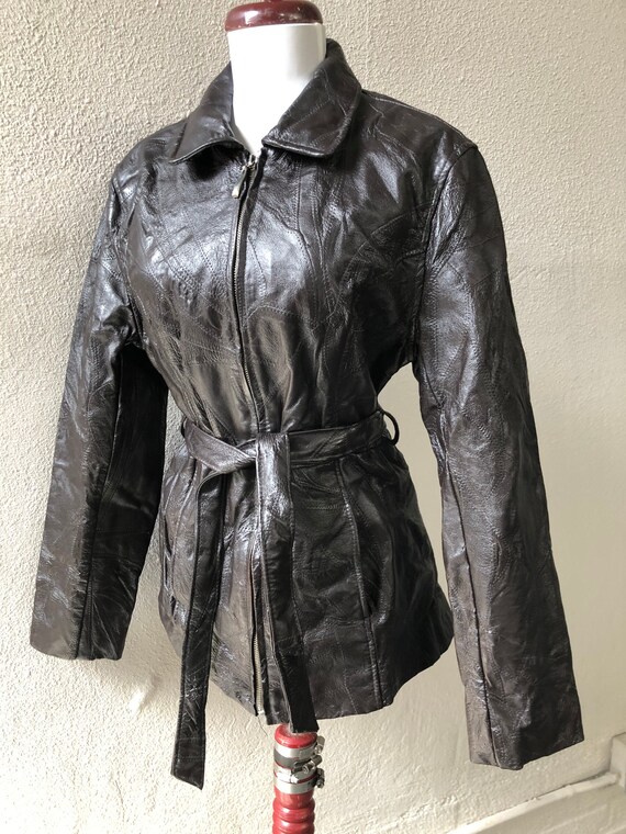90s Espresso Dark Brown Leather Patchwork Sewn Pi… - image 2