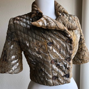 Antique 1920s 30s Silk Quilted Double Breasted Cheongsam Asian Chinese Jacket Coat Vintage 20s 1930s XS Hand Dyed Olive Gray Art Deco Bolero image 2