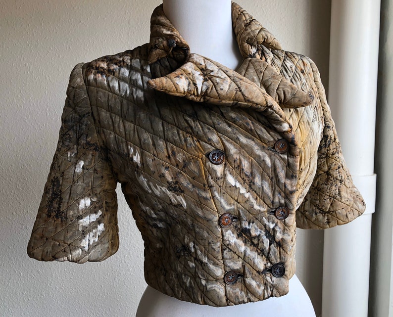 Antique 1920s 30s Silk Quilted Double Breasted Cheongsam Asian Chinese Jacket Coat Vintage 20s 1930s XS Hand Dyed Olive Gray Art Deco Bolero image 2