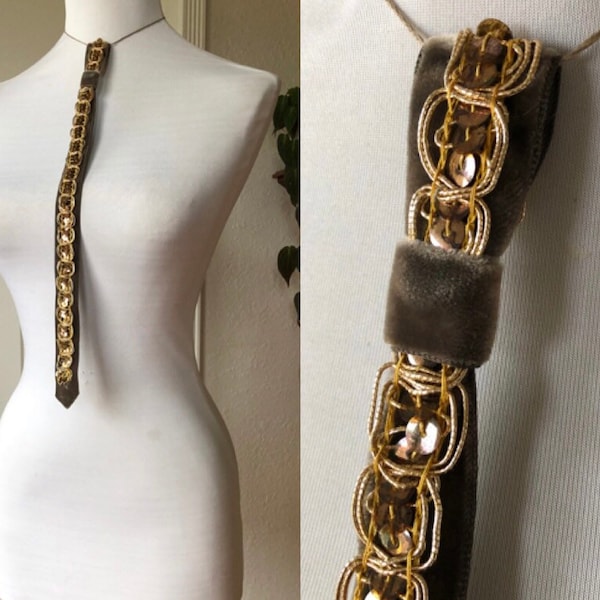 1950s 60s Ladies Skinny Blouse Neck Tie Mens Inspired Necktie Gray Velvet Gold Sequin Soutache 50s 1960s Vintage Embroidered Womens Costume