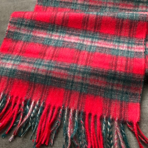 70s 80s tartán cuadros lana tejido invierno cuello bufanda fina silenciador 1970s 1980s unisex rojo brillante verde oscuro beige vintage lana de cordero borrosa