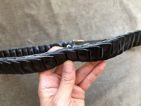 60s 70s Black Leather Chain Link Woven Belt vinta… - image 8