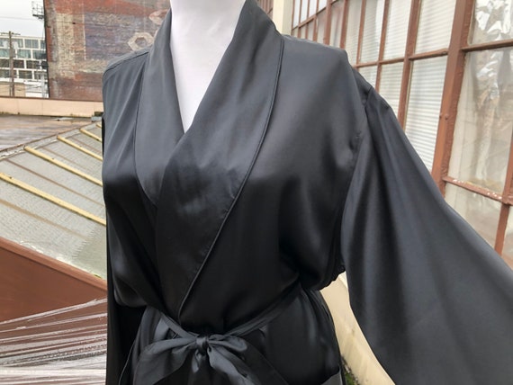 Men’s Silk Satin Solid Black Long Robe Belted Jac… - image 1