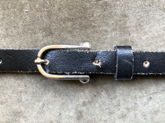 1950s 60s Super Skinny Leather Belt Black Silver Buckle Vintage