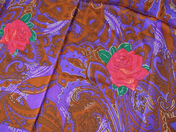 Gorgeous Purple Silk Satin Twill Red Rose Paisley… - image 1