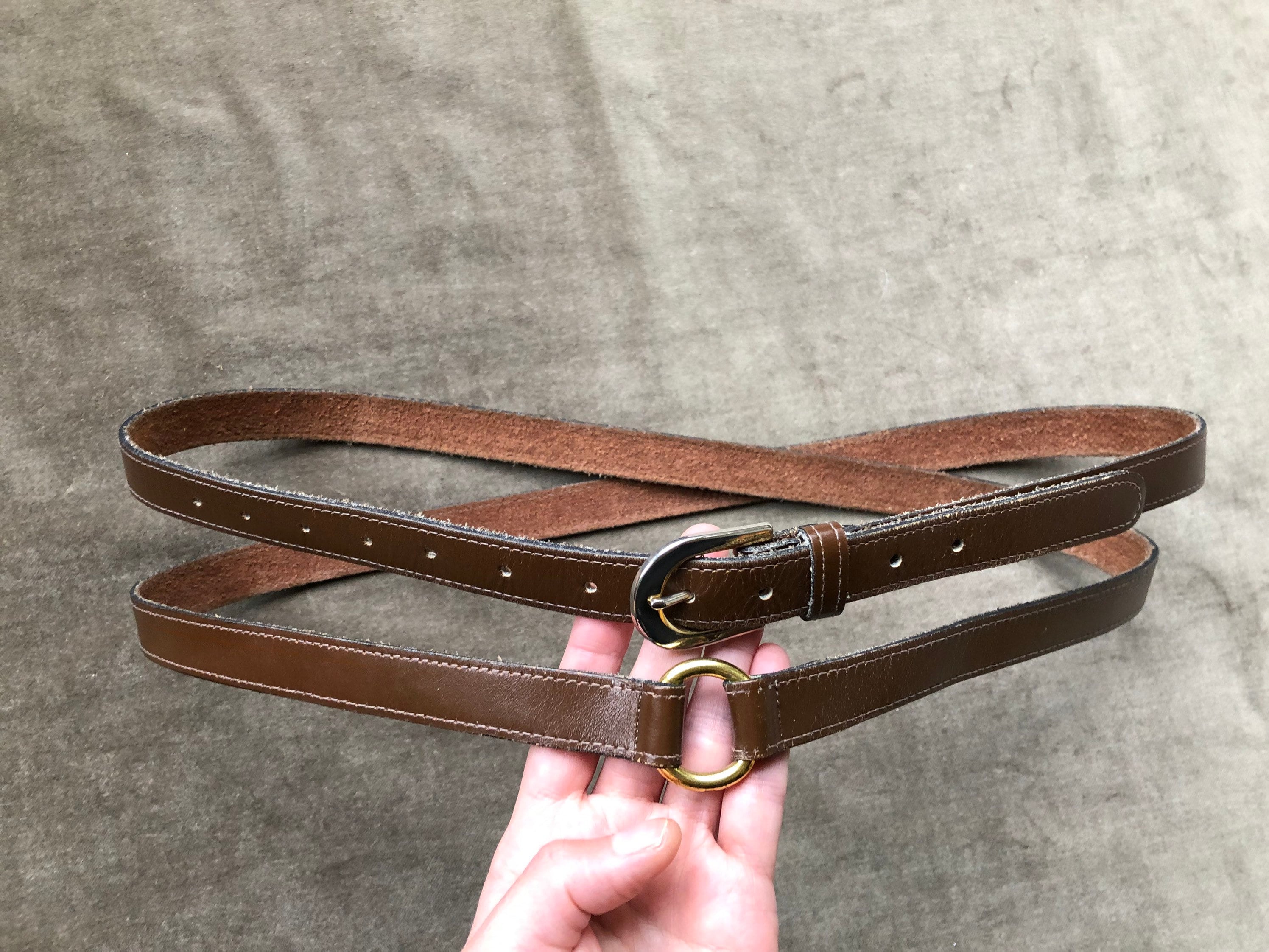2 Vintage 70s Thin Brown Leather Beaded Belts Size 36” 1960s 70s Skinny Double Wrap Belt Gold Buckle O Ring Dark  main image 4