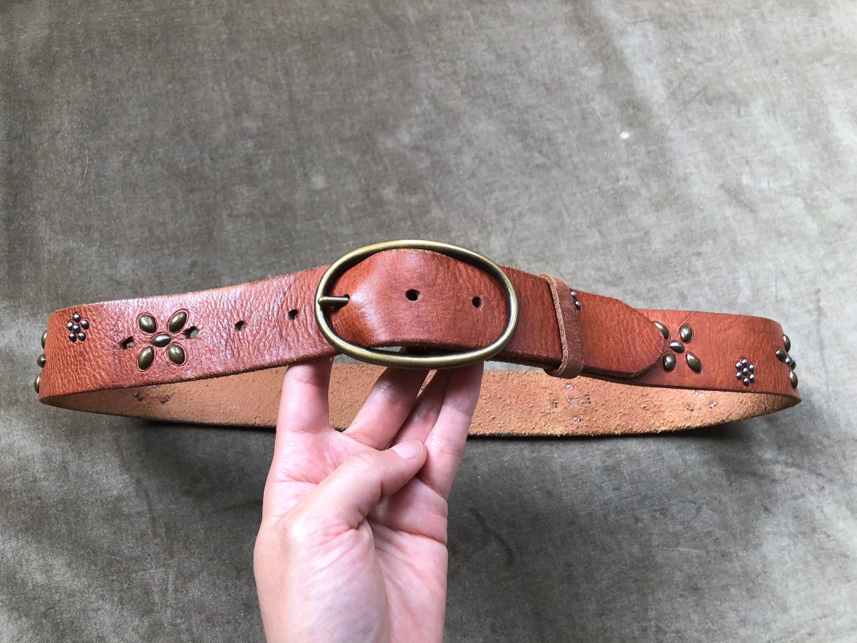 Thick Brown Tan Leather Floral Studded Stud Belt M L Boho Thick Brown Tan Leather Floral Studded Stud Belt M L Boho
