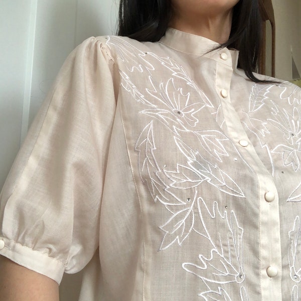 1970s 80s Semi Sheer Muslin Rhinestone Studded Floral Embroidered Western Puff Sleeve Blouse 70s 1980s M L Folk Peasant Cream Ivory Vintage