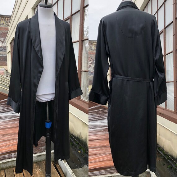 Men’s Silk Satin Solid Black Long Robe Belted Jac… - image 8