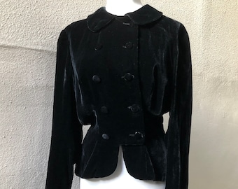 Copyright 1935 Hollywood Antique 1930s Black Silk Velvet Double Breasted Button Up Blouse Top Jacket Peplum Blazer Coat XS S 30s Vintage