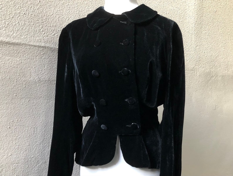 Copyright 1935 Hollywood Antique 1930s Black Silk Velvet Double Breasted Button Up Blouse Top Jacket Peplum Blazer Coat XS S 30s Vintage image 1