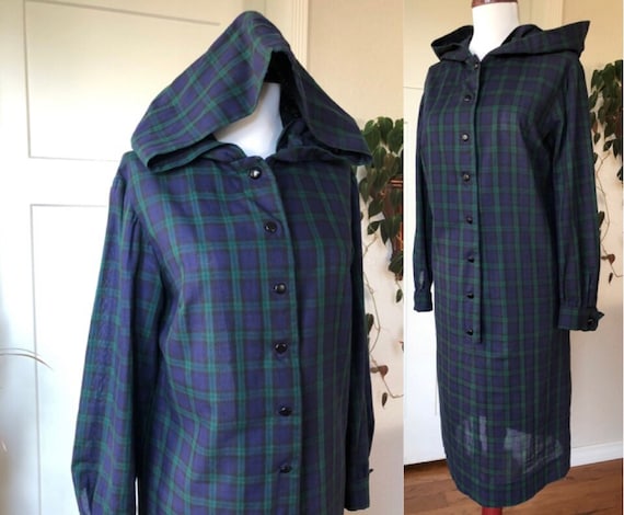 1970s 80s Blackwatch Tartan Plaid Cotton Hooded Henley Button Up Dress 70s 1980s Vintage Dark Navy Blue Green Size S M Handmade Oxford Shirt