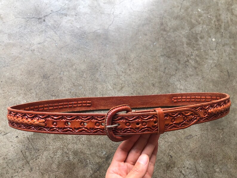 70s 80s Floral Tooled Leather Skinny Tan Brown Belt Western | Etsy