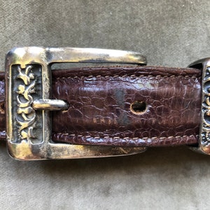 90s Dark Brown Burgundy Leather Croc Embossed Belt Ornate Silver Buckle 1990s Vintage S M 28 29 30 Waist Western Southwestern Rustic
