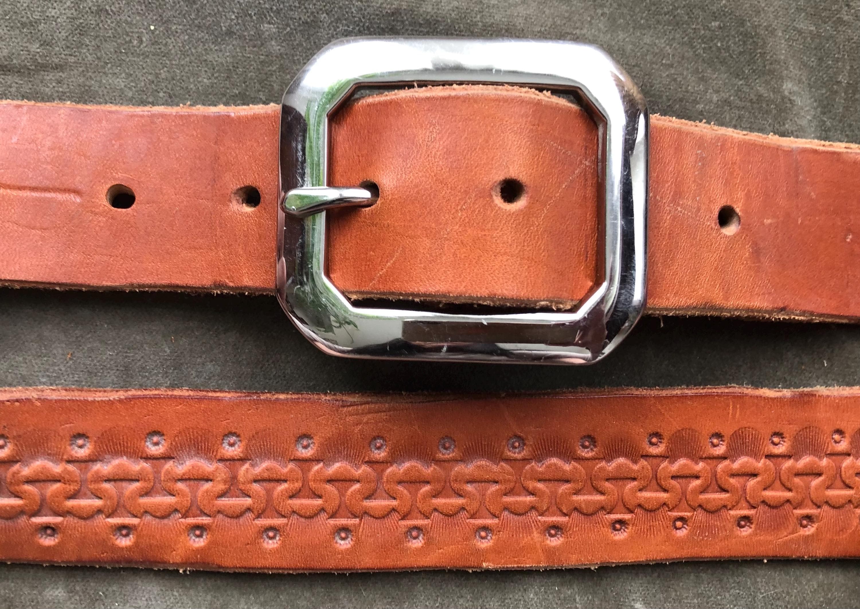 Thick Tooled Tan Heavy Duty Rustic Leather Belt Western  display picture 1