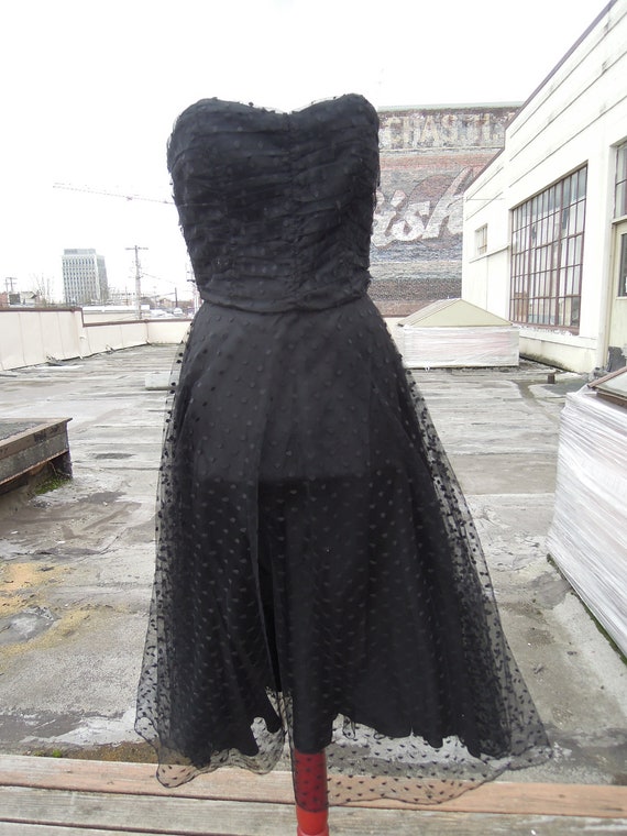 Vintage 1950s 70s sheer black polkadot fitted fla… - image 3