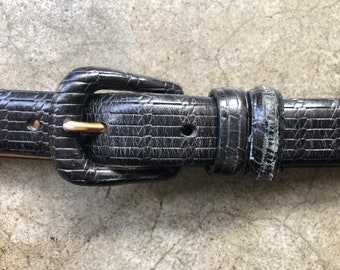 Skinny Slim Black Croc Lizard Embossed Leather Belt 1980s 
