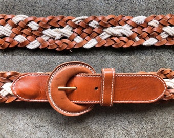 70s 80s Wide Brown Tan Leather Cotton Rope Woven Belt  display picture 2