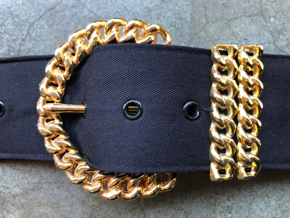 70s 80s Gold Tone Metal Chain Link Woven Buckle Retro Black  display picture 1