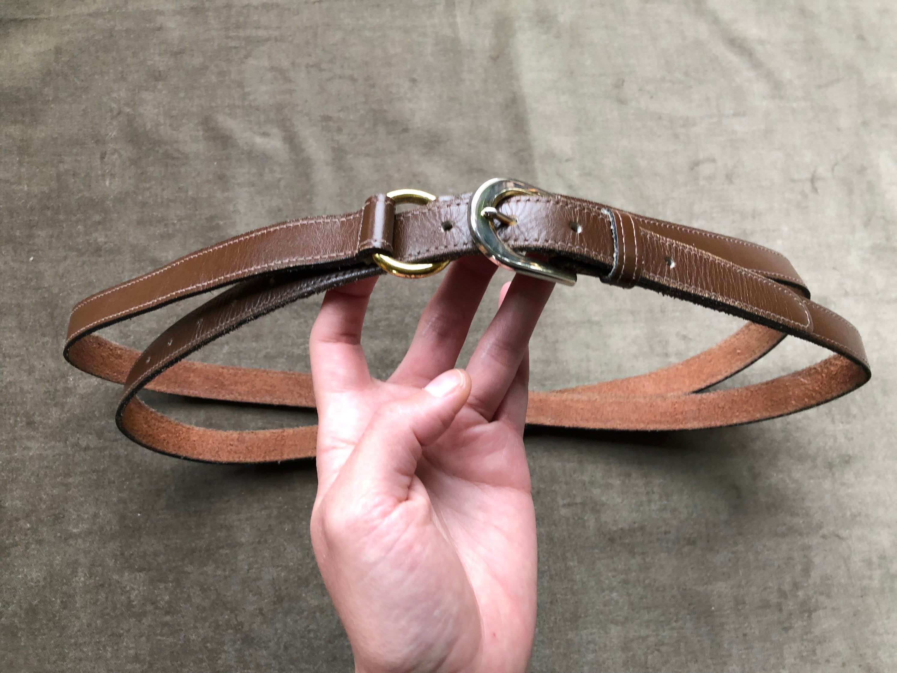 1960s 70s Skinny Double Wrap Belt Gold Buckle O Ring Dark 