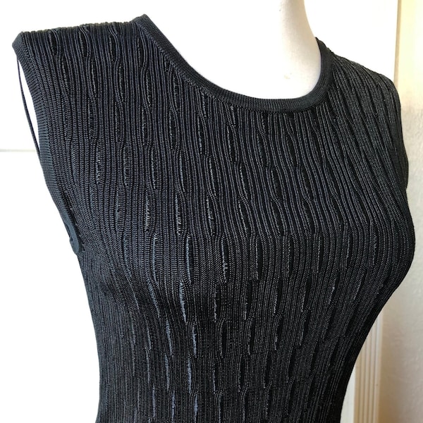 Retro Silk Rib Knit Black Pullover Tee T Shirt Thin Sweater Top sz S Blouse 1990s Vintage Tank Sleeveless Ribbed Slinky 90s Y2K Shimmery