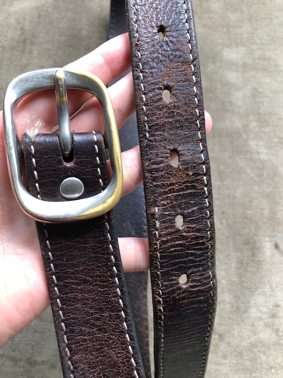 90s Slim Thick Dark Brown Leather Heavy Duty Belt… - image 10