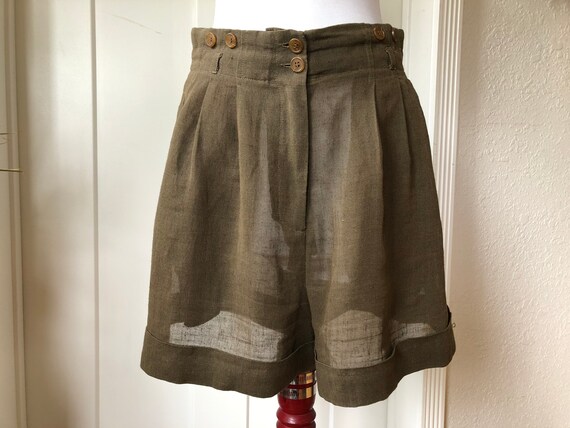 Olive Linen Sheer Woven High Waisted Flared Pleat… - image 1
