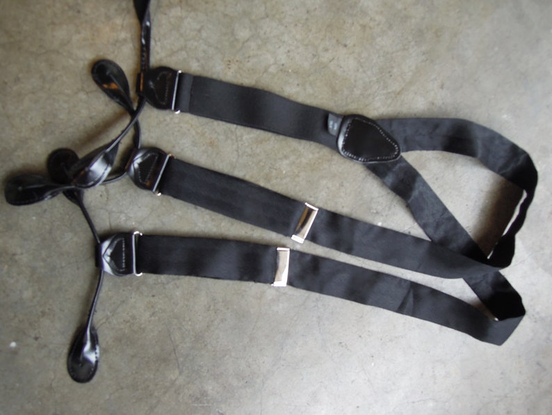Vintage Pure Silk Black Satin Woven Patent Leather Braces Suspenders Silver Toned Hardware Fany Event Black Tie Event Suspenders 90s 1990s
