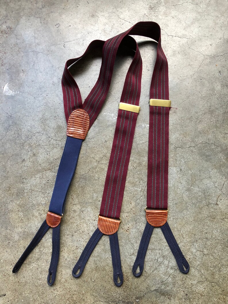 Retro Burgundy Woven Grosgrain Ribbon Green Pin Stripe Ribbon Tan Leather Adjustable Braces Suspenders Button On Vintage 90s 1990s Menswear