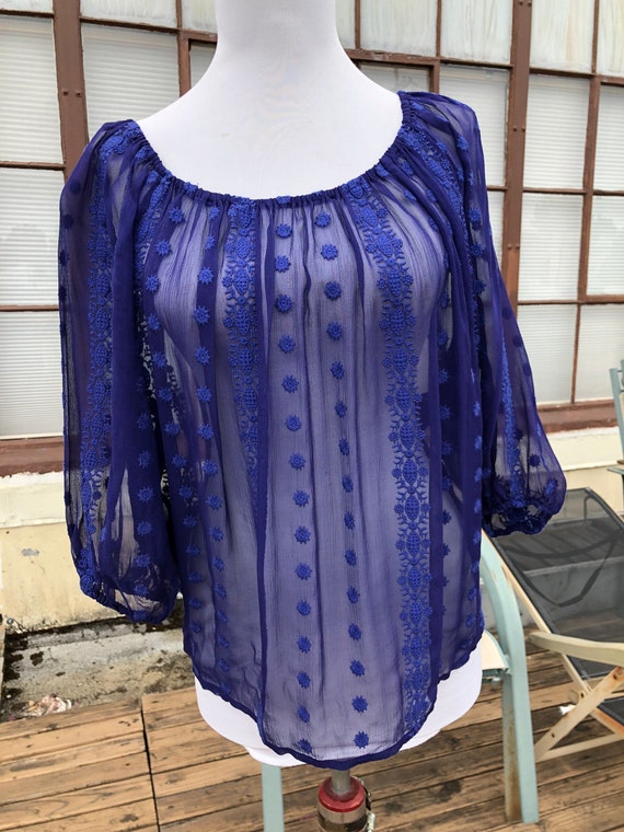 Blue Sheer Silk Chiffon Floral Embroidered Boho Peasa… Gem